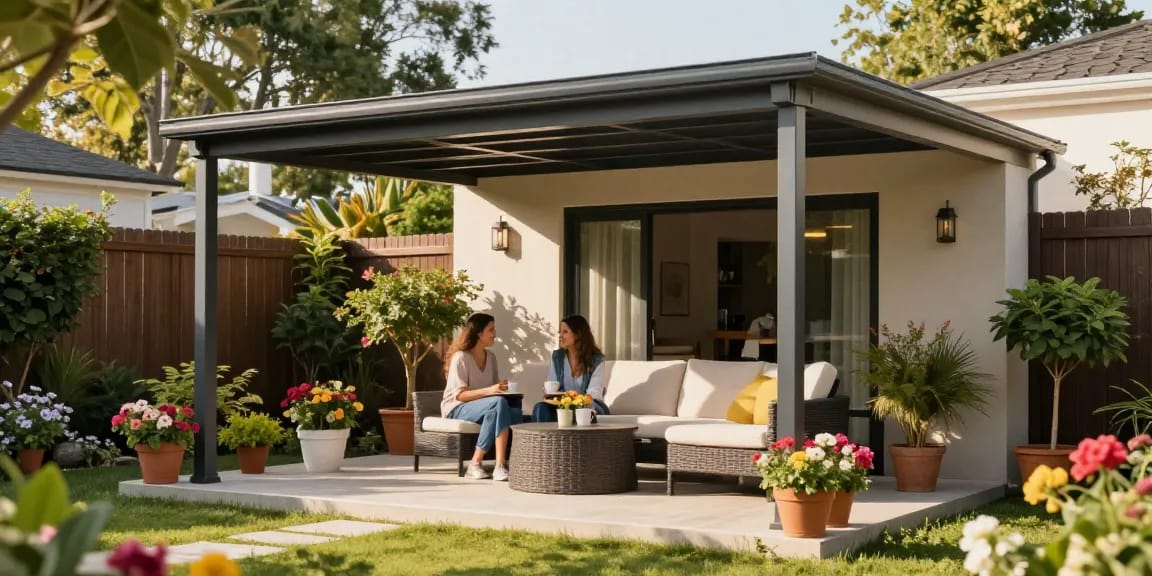 Freistehende Terrassenüberdachung in einem einladenden Garten mit einem Paar, das Kaffee genießt.