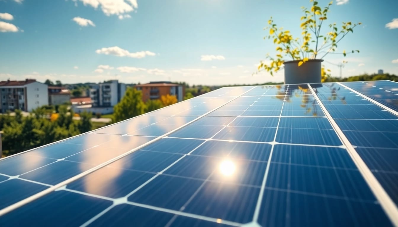 PV Anlagen Wien installieren auf einem modernen Dach in Wien mit Sonnenlicht und grünem Hintergrund.