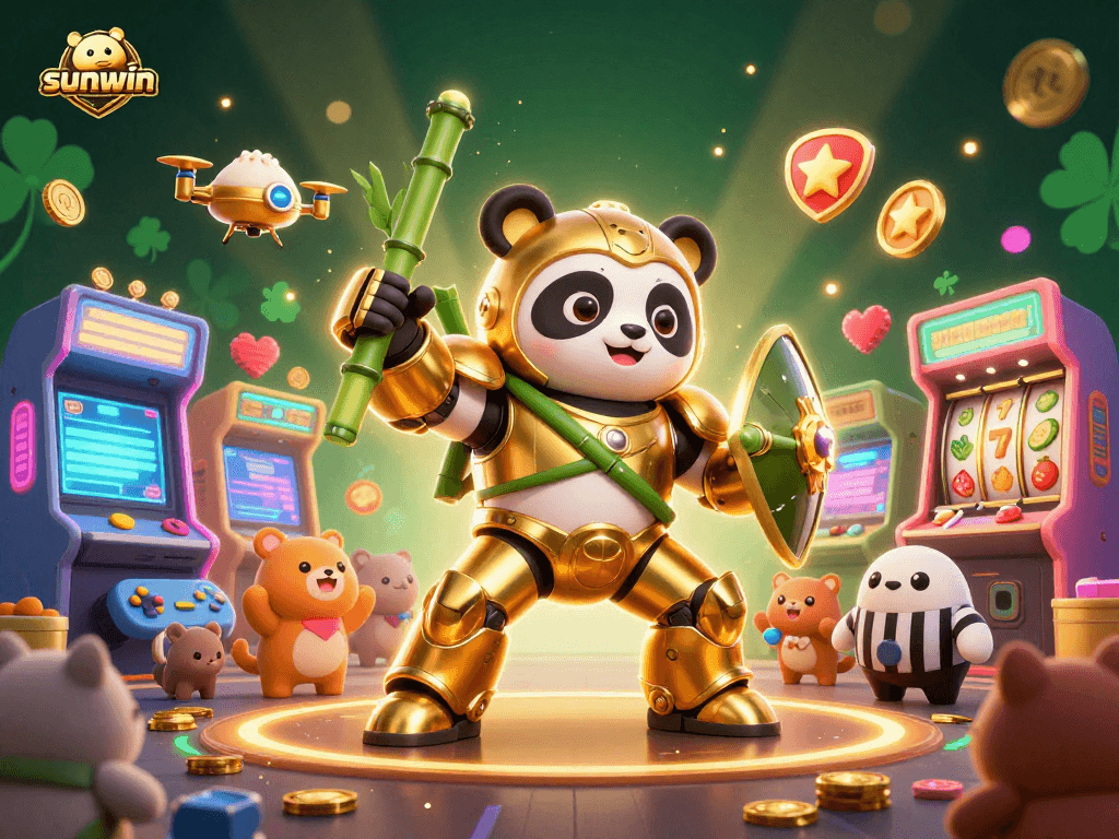 Experience the excitement with sunwin as the golden panda pilot fights in an engaging casino-themed arena.