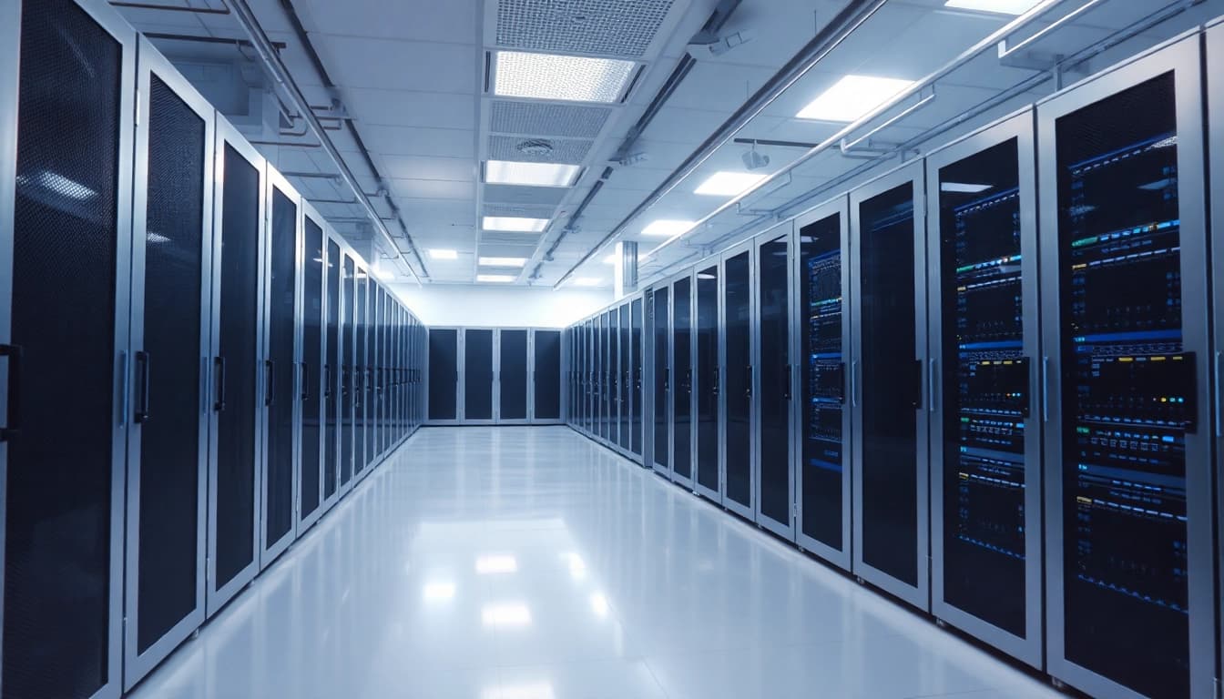 Windows Server 2025 Software für Unternehmen visualisiert in einem modernen Rechenzentrum mit Servern und Kommunikationstechnik.