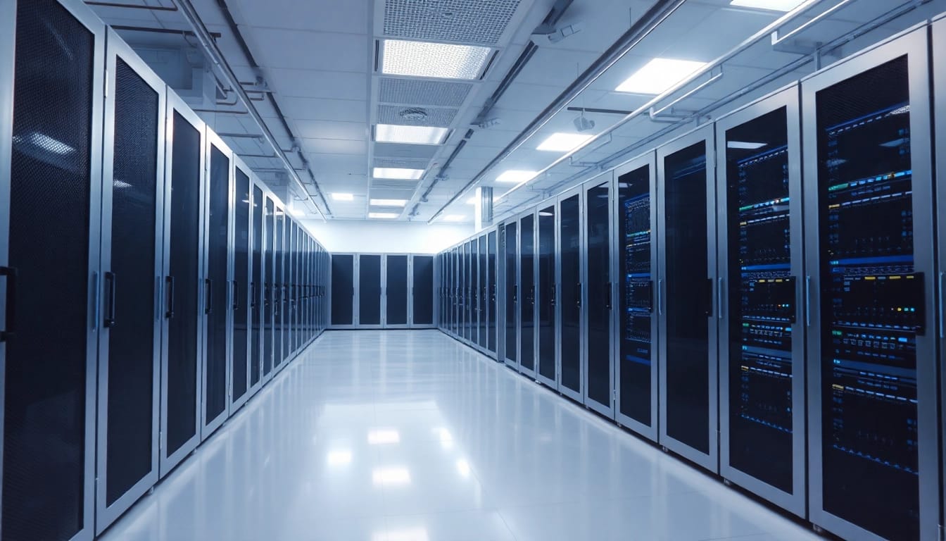 Windows Server 2025 Software für Unternehmen visualisiert in einem modernen Rechenzentrum mit Servern und Kommunikationstechnik.