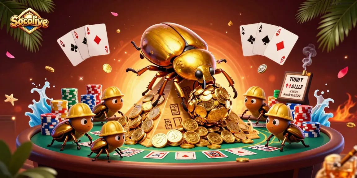 Socolive delivers thrilling gambling action with golden beetles and poker elements set in an engaging casino scene.