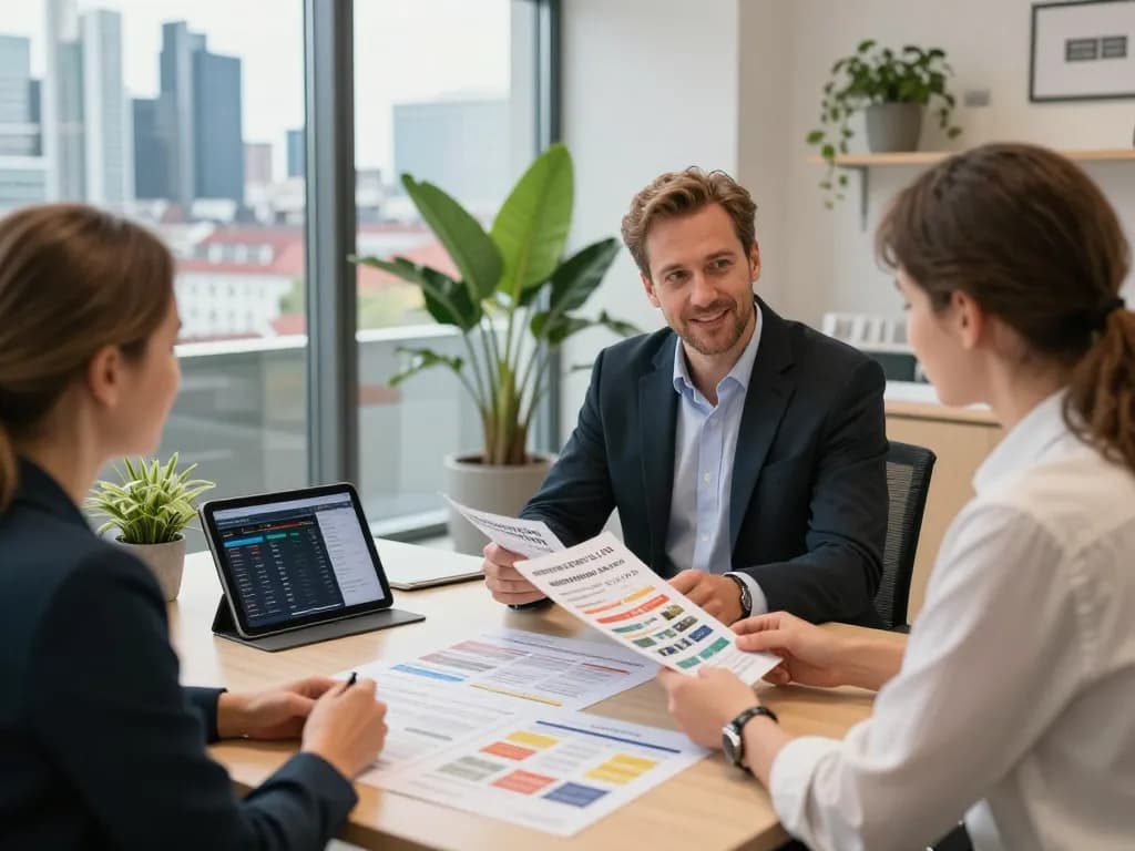 Engagierte Kunden mit einem Immobilienmakler Frankfurt Dornbusch, die Immobilienangebote in einem modernen Büro durchsehen.