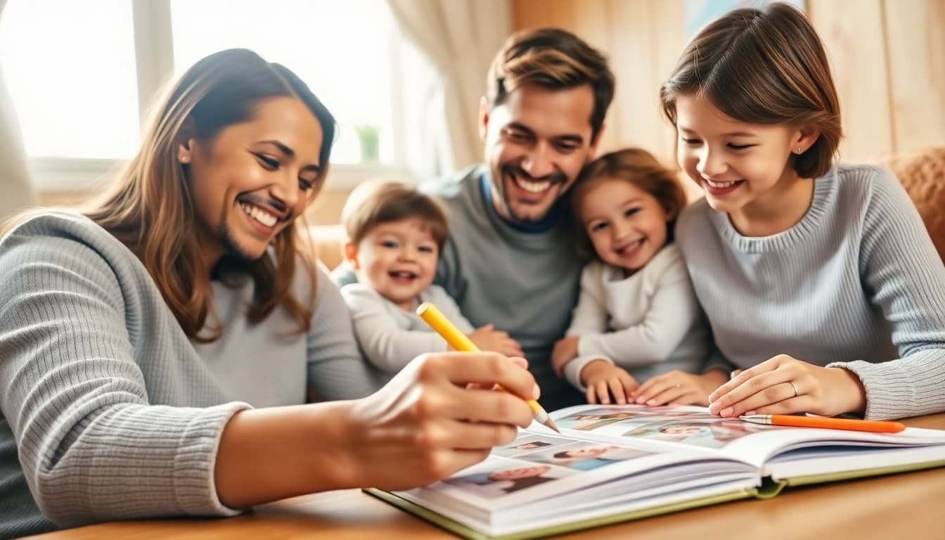 Glückliche Familie mit Baby-Tagebuch, das kostbare Erinnerungen festhält.