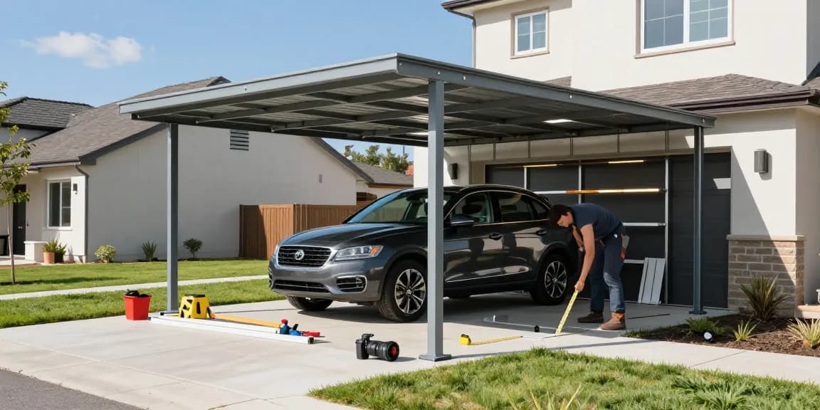 Moderner Carport schützt stilvolles Auto und zeigt DIY Montage-Tools im Garten.