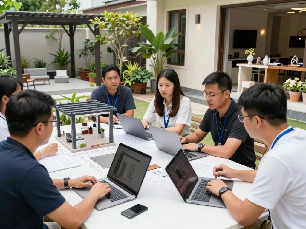 Ein Team, das an einem Veranda 3D Konfigurator-Projekt arbeitet und detaillierte Modelle sowie Designoptionen in einem hellen Garten-Showroom präsentiert.