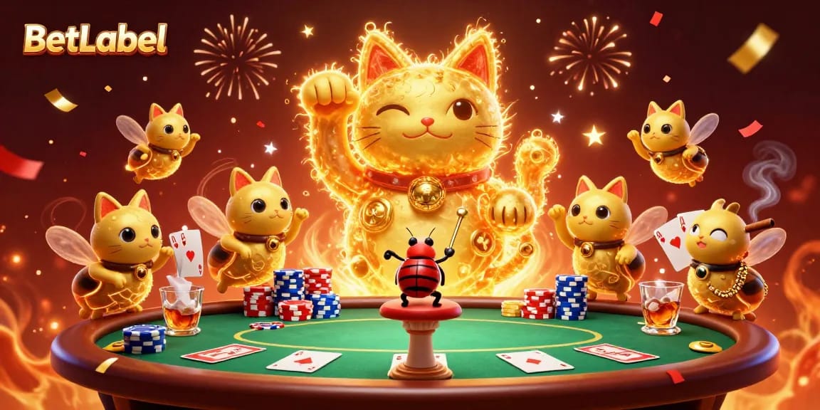 BetLabel bietet Spielern eine farbenfrohe Welt der Glücksspiele mit lebhaften Casino-Symbolen und einem glücklichen Kater.