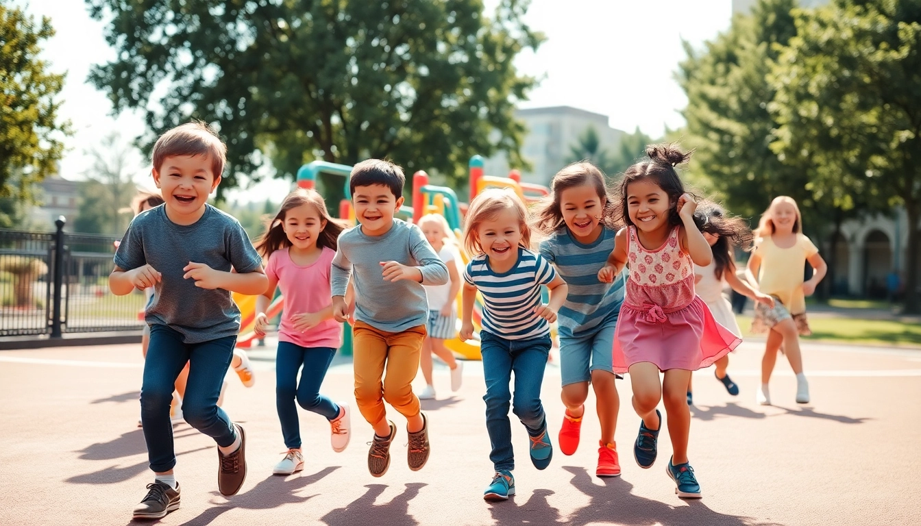 Kinder spielen froehlich Bewegungsspiele im Park. Details jetzt lesen fuer mehr Ideen.