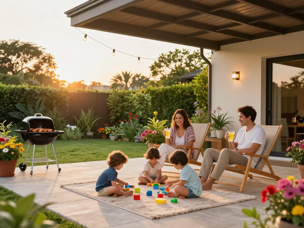 Familie genießt die Zeit unter einer Terrassenüberdachung in einem üppigen Garten während der goldenen Stunde.