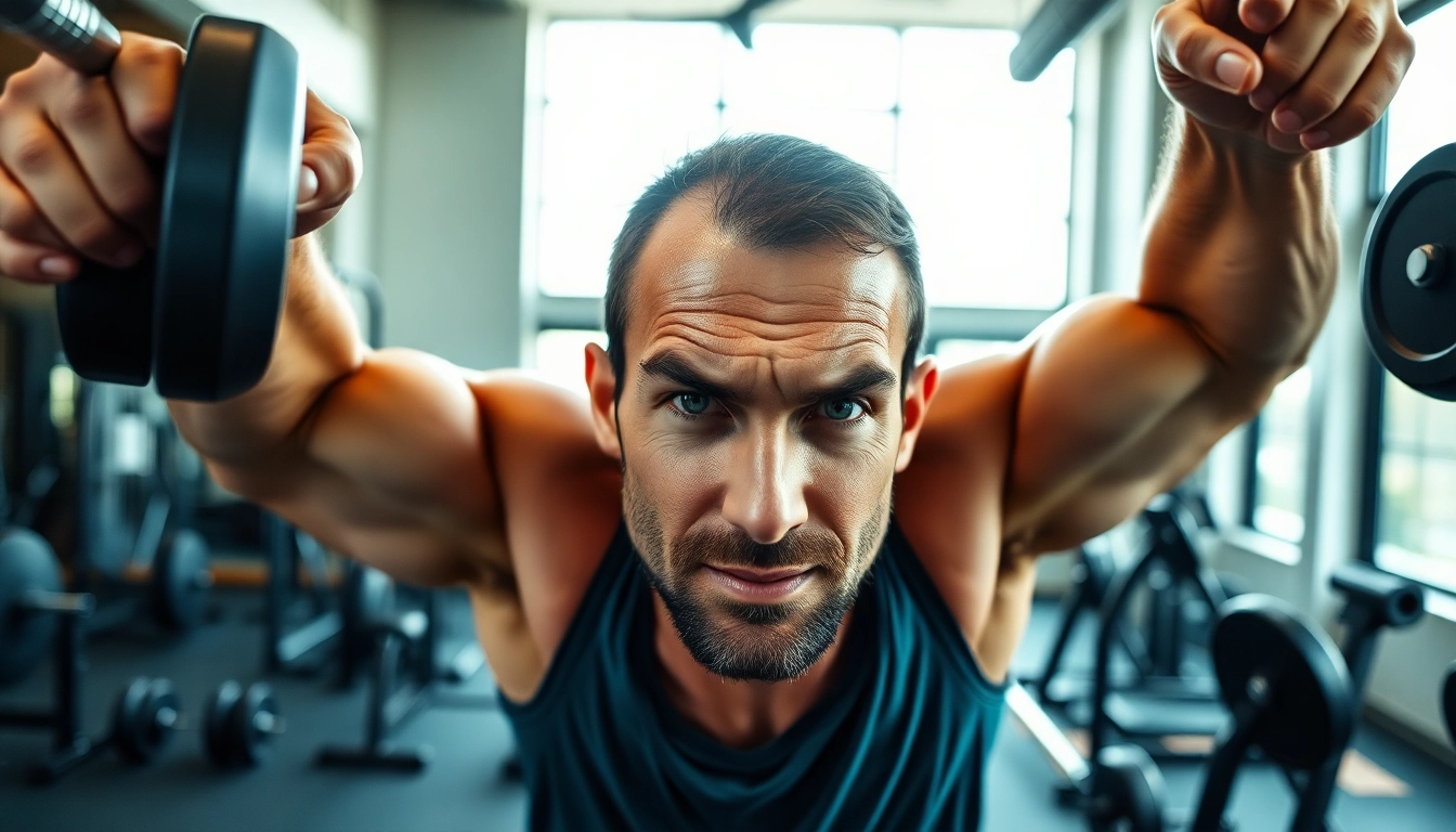 Männliches Fitnessmodell zeigt testo vorher nachher Ergebnisse mit Gewichten im Fitnessstudio.