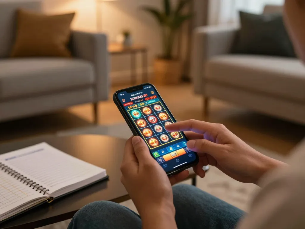 Engaging in F88 bet online gaming on smartphone in a modern living room.