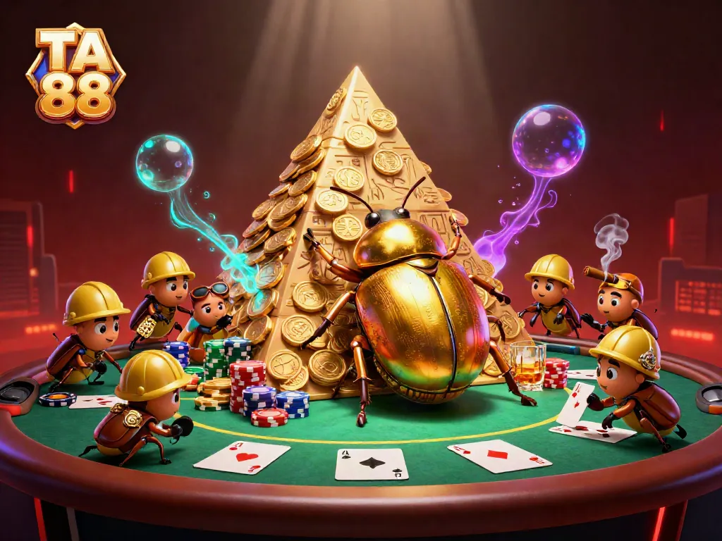 TA 88 features a golden dung beetle and poker elements in a vibrant, dynamic casino scene.