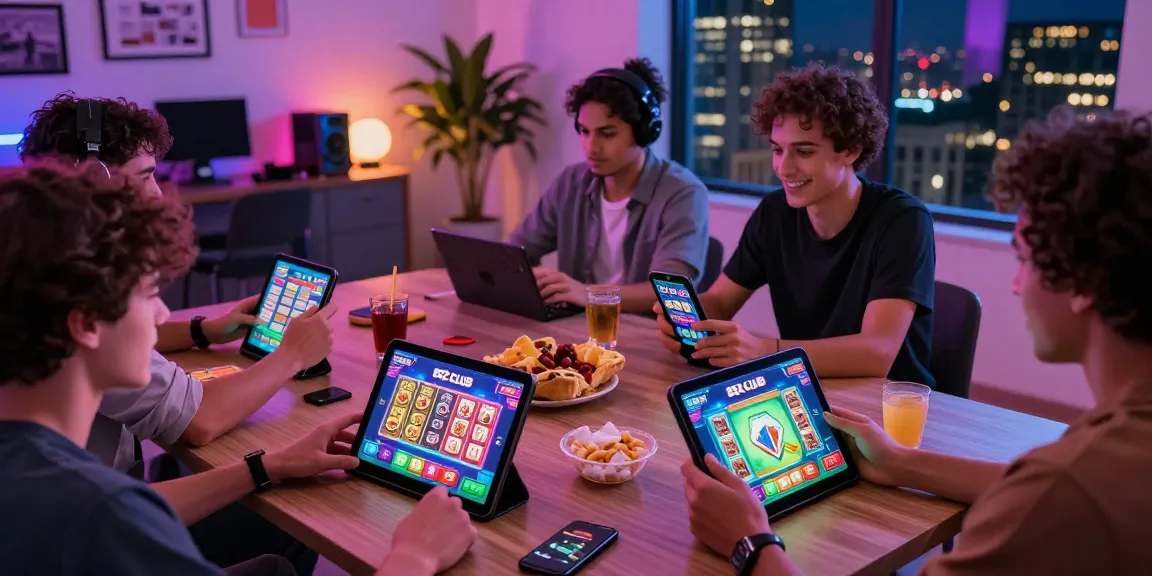 Engaging gaming experience with B52 CLUB on various devices at https://b52club.radio.fm/, friends enjoying mobile gaming in a vibrant atmosphere.