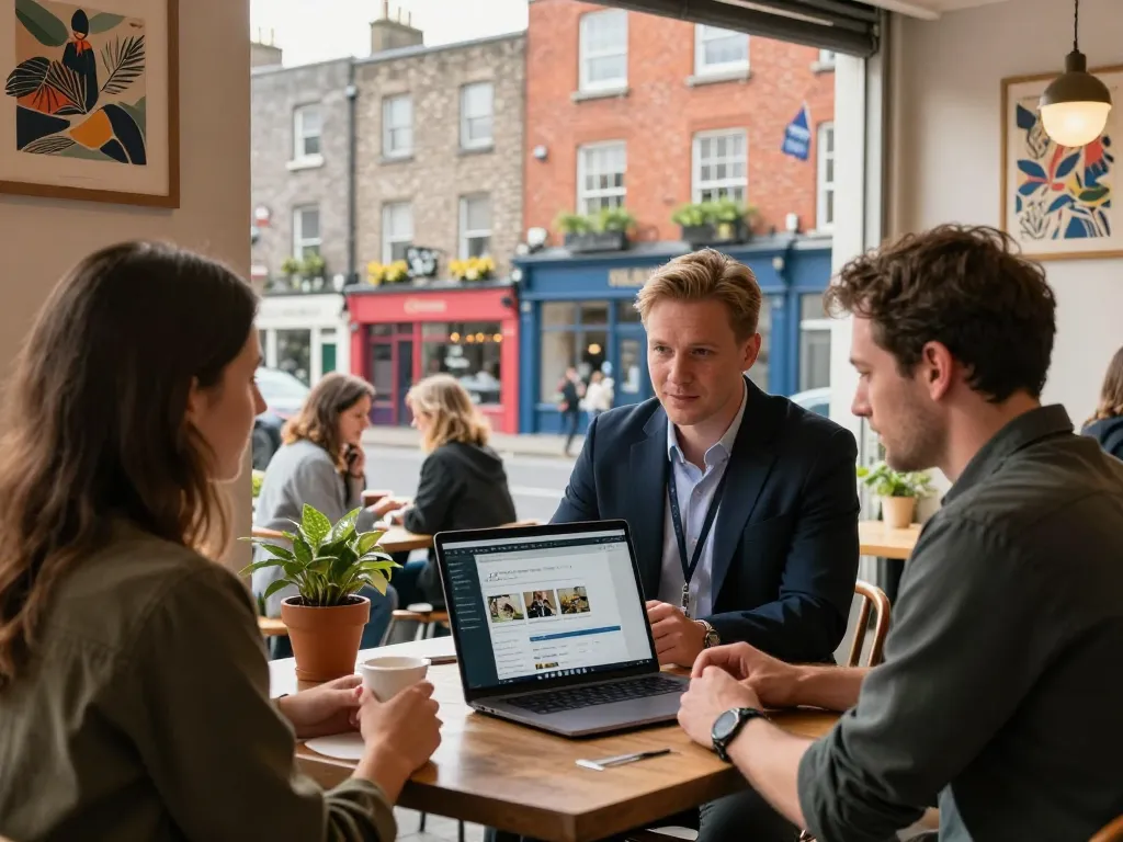 Mathew discussing airbnb management dublin over coffee in a cozy café.