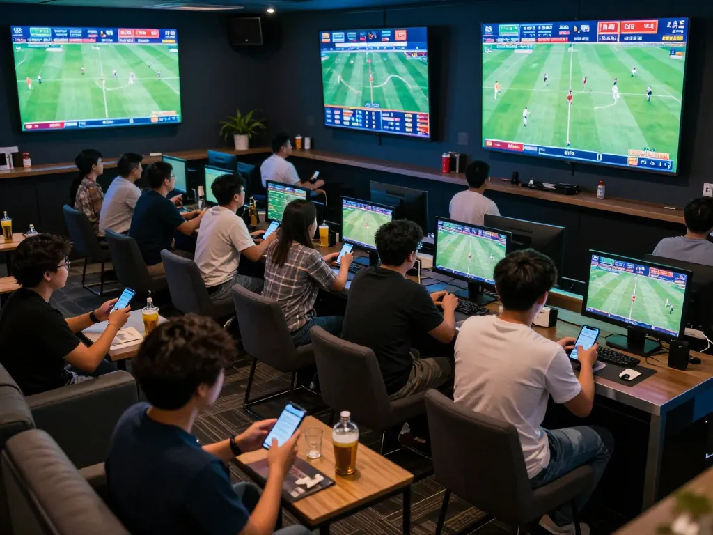 Kèo bóng đá trực tuyến betting action in a lively sports lounge with excited fans and live match displays.