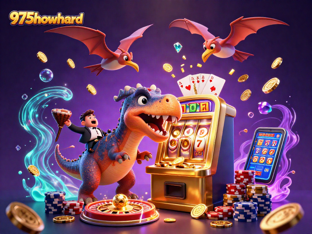 Explore 975howard's dynamic gambling scene with animated characters winning jackpots and flying coins.