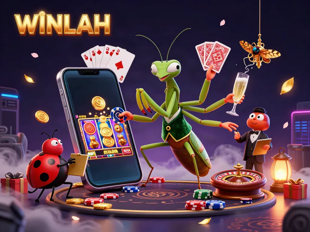 WINLAH gaming scene with a giant praying mantis dealing cards and ladybug pit boss amid vibrant casino elements.