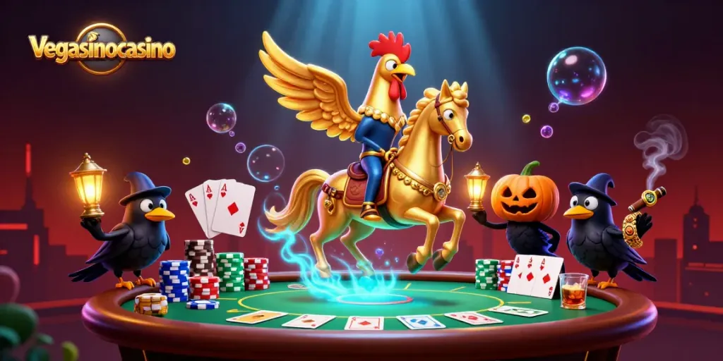Experience the vibrant action of vegasinocasino with a golden rooster gaming amidst poker and casino elements.