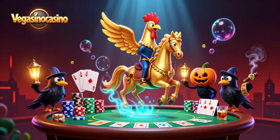 Experience the vibrant action of vegasinocasino with a golden rooster gaming amidst poker and casino elements.