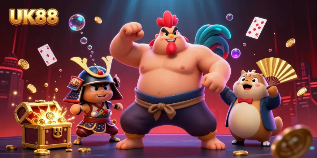 Engage with exciting gaming at UK88 featuring a powerful sumo rooster, samurai cricket, and tanuki announcer in a vibrant casino scene.