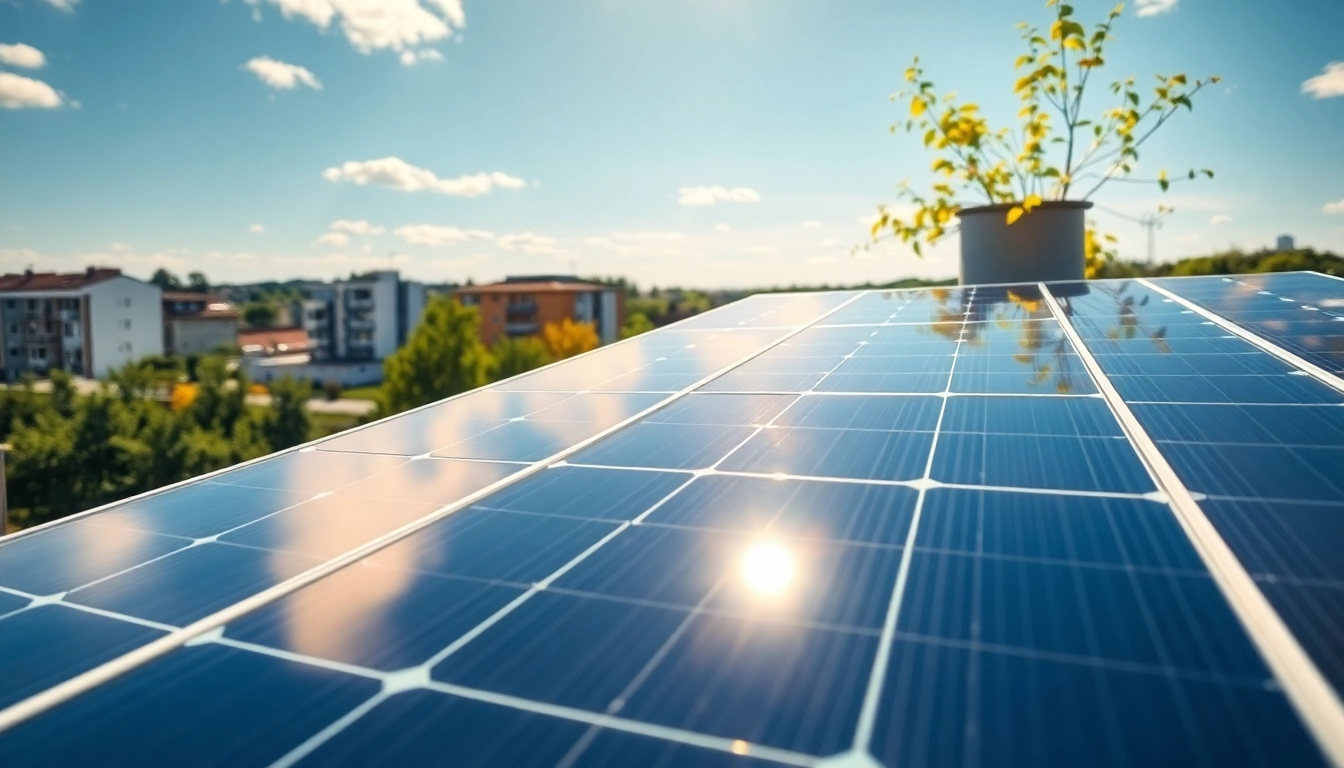 PV Anlagen Wien installieren auf einem modernen Dach in Wien mit Sonnenlicht und grünem Hintergrund.