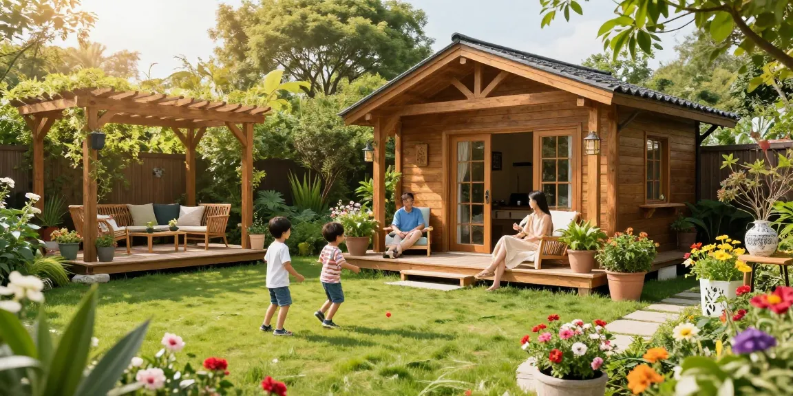 Wunderschönes Garten Haus inmitten eines blühenden Gartens, ideal für Familien.