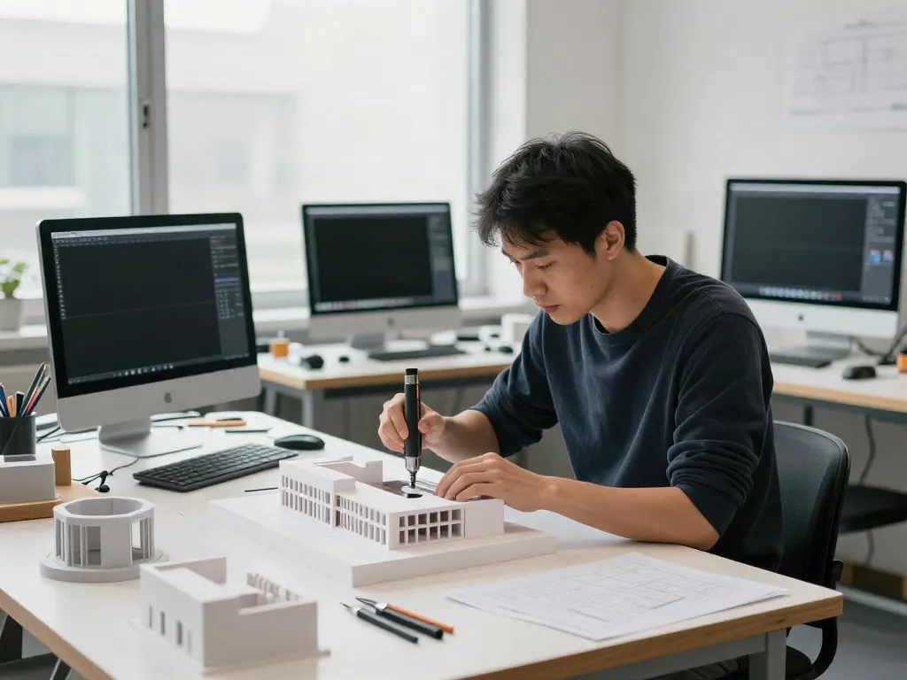 Berufliche CNC Fräsen Architekturmodell-Umgebung mit Designer, CAD-Software, 3D-Drucken und hochwertigen Materialien.