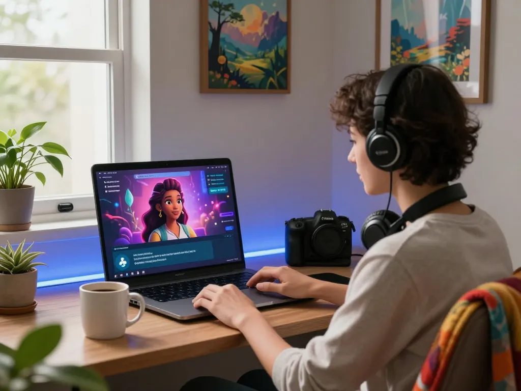 Engaging user in character ai nsfw chat in cozy home environment, vibrant dialogue on screen.