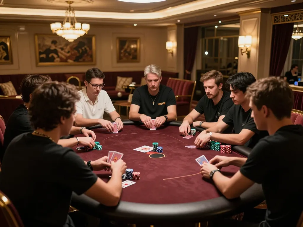 Players strategizing and placing bets in a high-stakes poker game at F168.