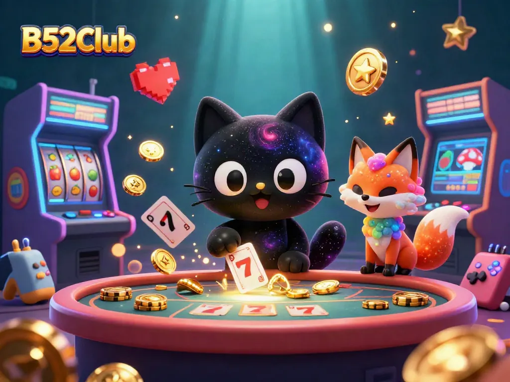 Experience the thrill of B52Club as the cosmic black hole cat gathers golden chips and cards in a vibrant casino.