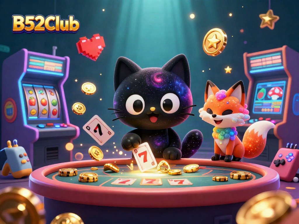Experience the thrill of B52Club as the cosmic black hole cat gathers golden chips and cards in a vibrant casino.