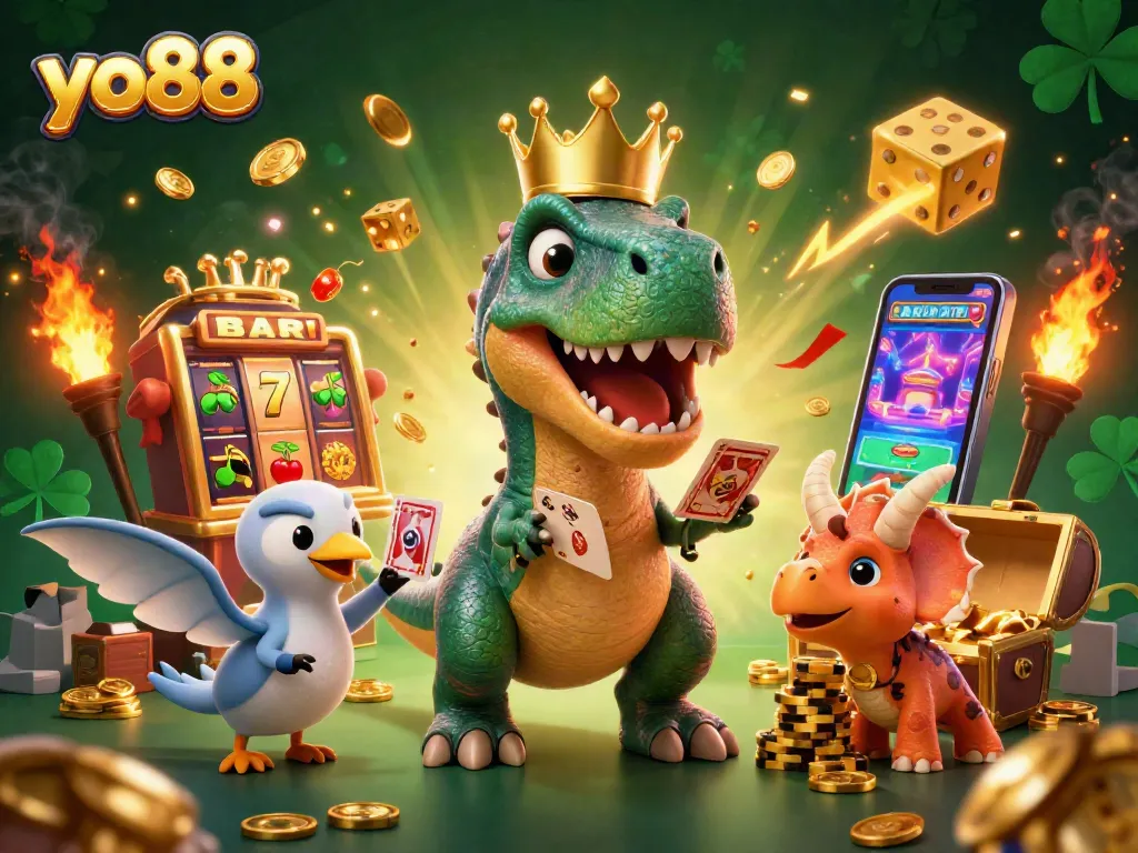 yo88 unleashes a playful scene with a T-Rex and friends enjoying a vibrant casino atmosphere.