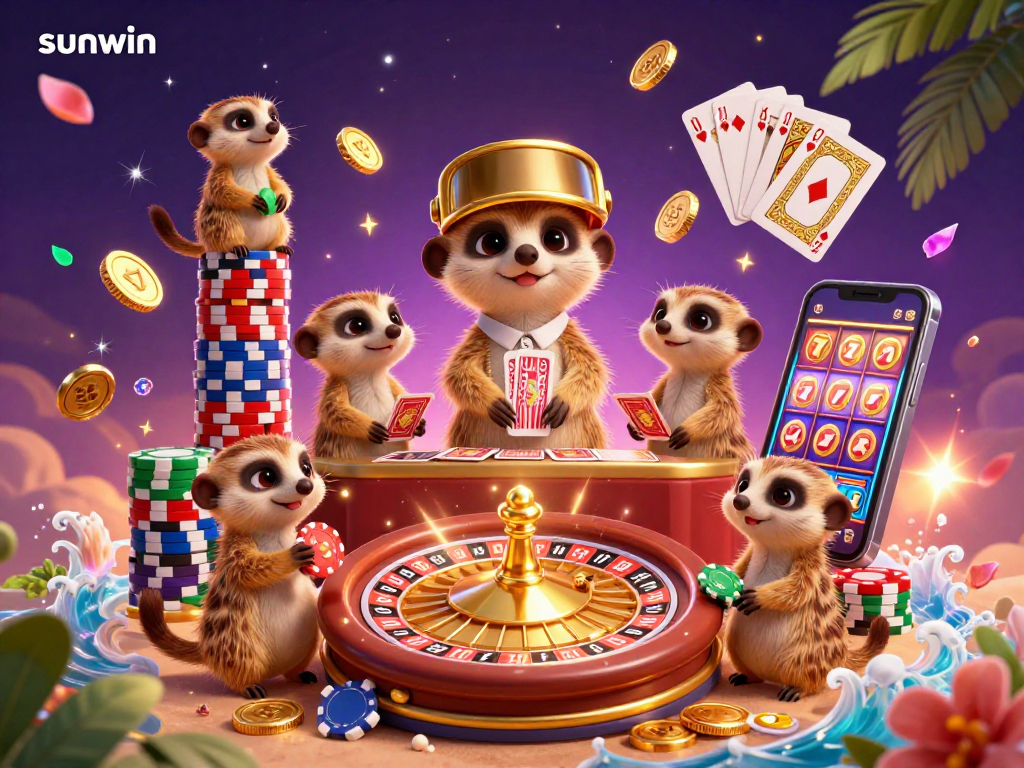 Engage in thrilling gambling action at sunwin with a lively meerkat casino scene, featuring colorful poker chips and gaming elements.