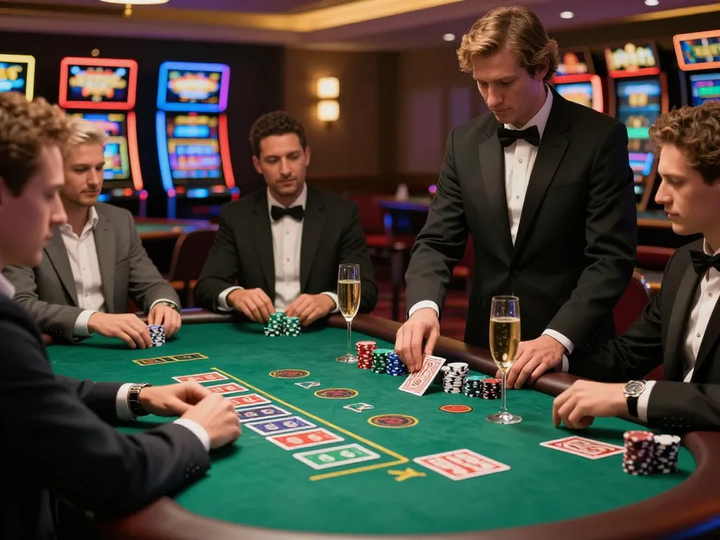 Players at a cm88 blackjack table focus on their cards, celebrating wins and ambiance.