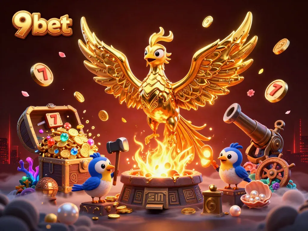 Play thrilling games at 9 bet with a dazzling phoenix, gold coins, and immersive casino elements.