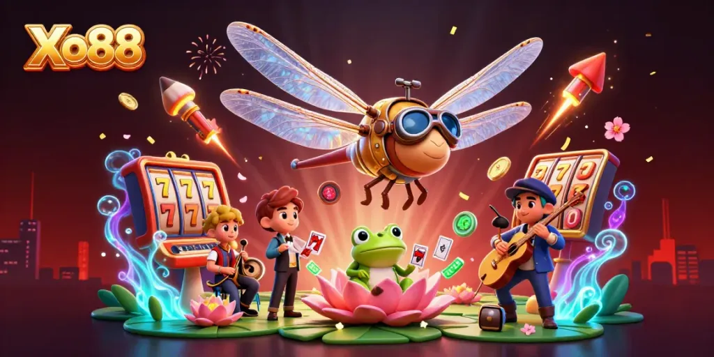 Xo88 showcases an exciting scene with a dragonfly pilot and a frog croupier in a vibrant casino atmosphere.