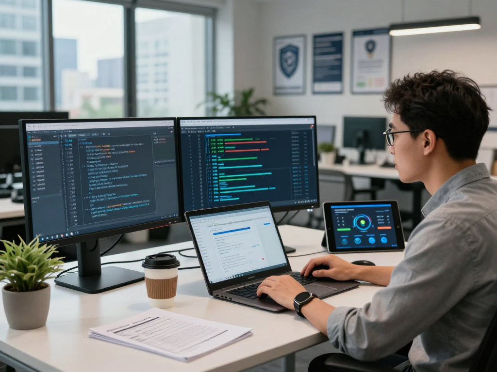 Daten- und IT-Sicherheitsdienstleistung in einem modernen Büro, IT-Spezialist analysiert Sicherheitsdaten am Bildschirm.
