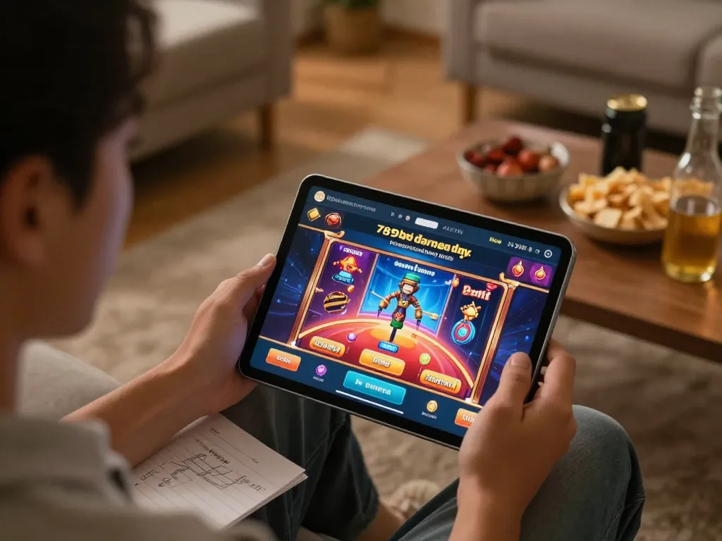 Engaging lifestyle scene on 789bet đăng ký gaming interface, highlighting tablet gameplay in a cozy setting.
