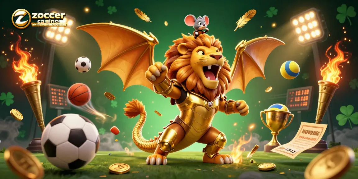 Zoccer casino willkommensbonus highlights large golden chimera with mouse jockey, gaming elements, and vibrant details.