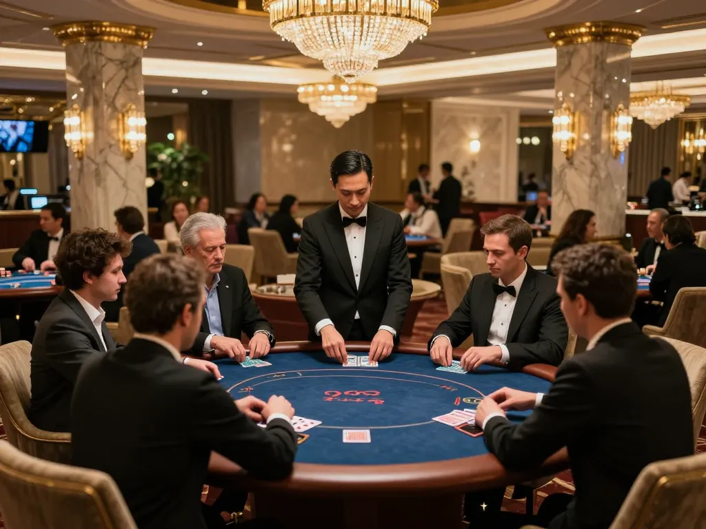 Players strategizing during high-stakes poker at FC88 casino lounge, showcasing dynamic gameplay.