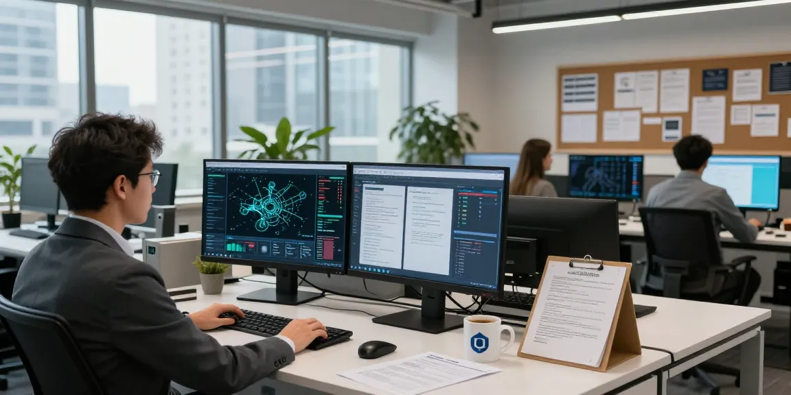 Professioneller Arbeitsplatz einer IT-Sicherheitsfirma mit Cybersecurity-Experten und modernen Technologien.