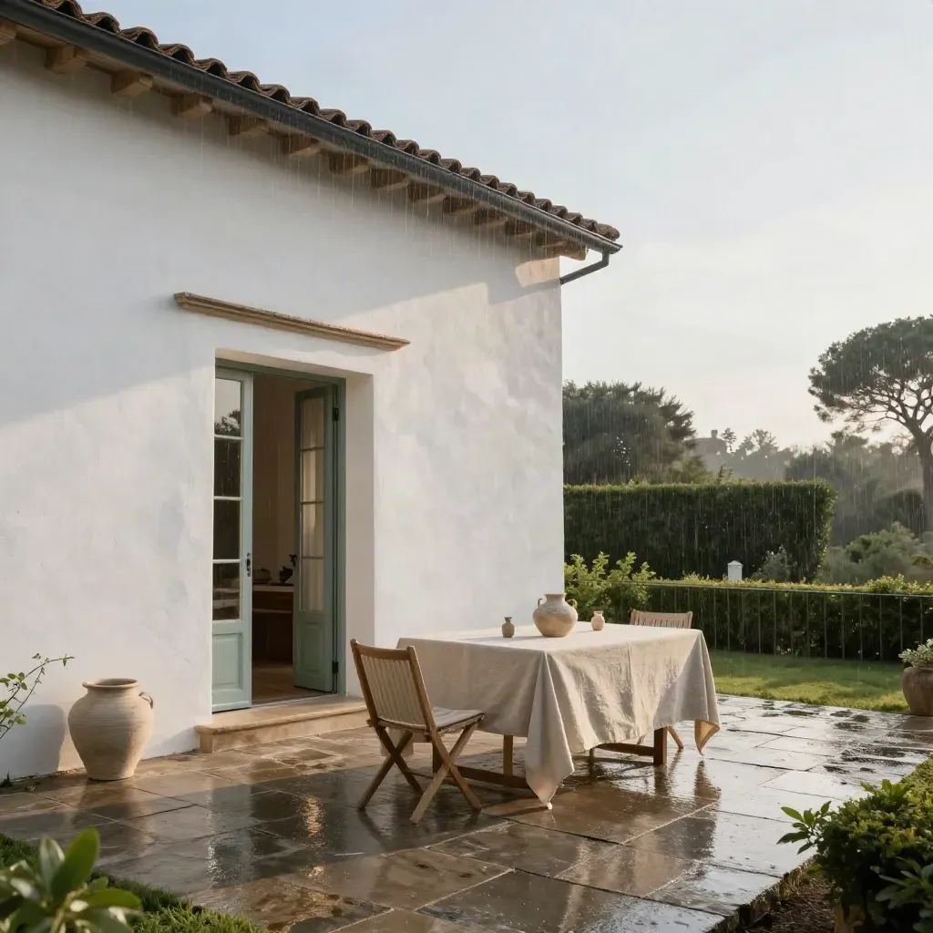 Weiße Landvilla mit offener Terrassentür, nassem Naturstein und weitem Garten nach Sommerregen