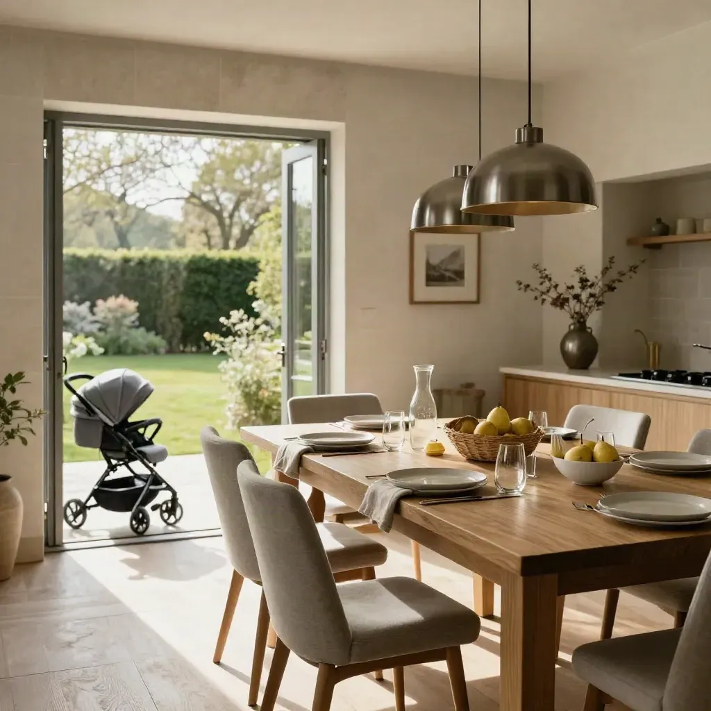 Heller Familien-Essbereich mit langem Holztisch, Hochstühlen, Kinderwagen und Gartentüren.