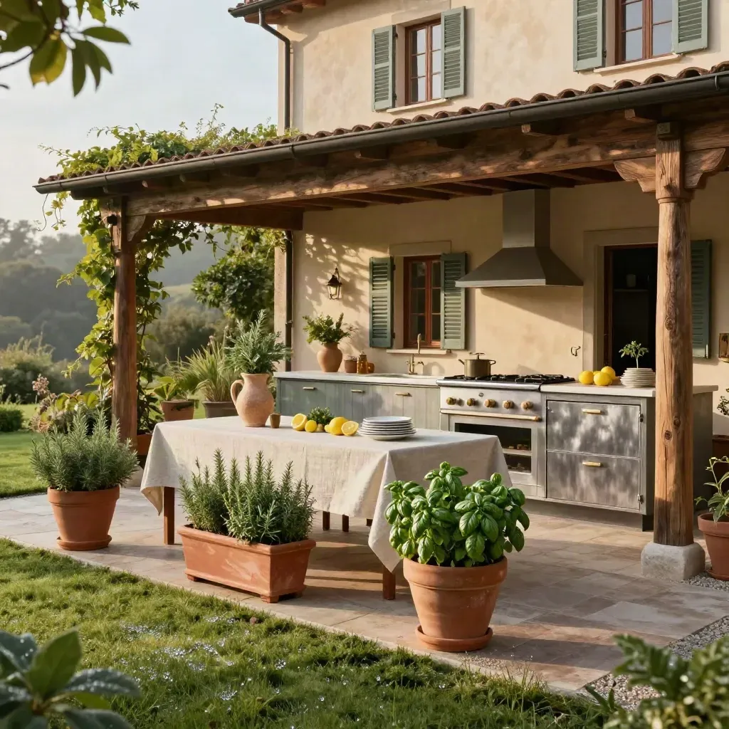 Sommergarten mit Außenküche, Kräutern und langem Tisch vor der Villa im Abendlicht
