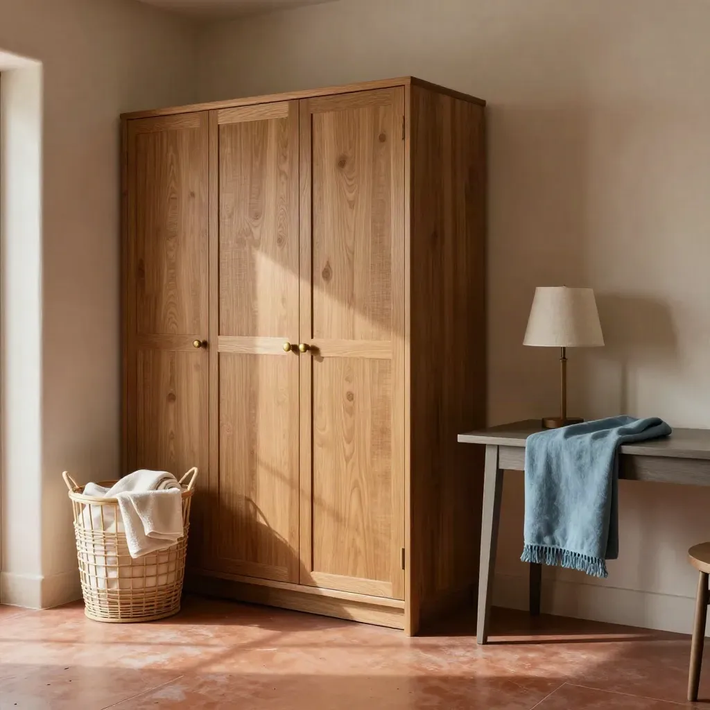 Ruhige Langzeit-Wohnzone mit Holzschrank, Wäschesortierkorb, Leselampe und Arbeitstisch