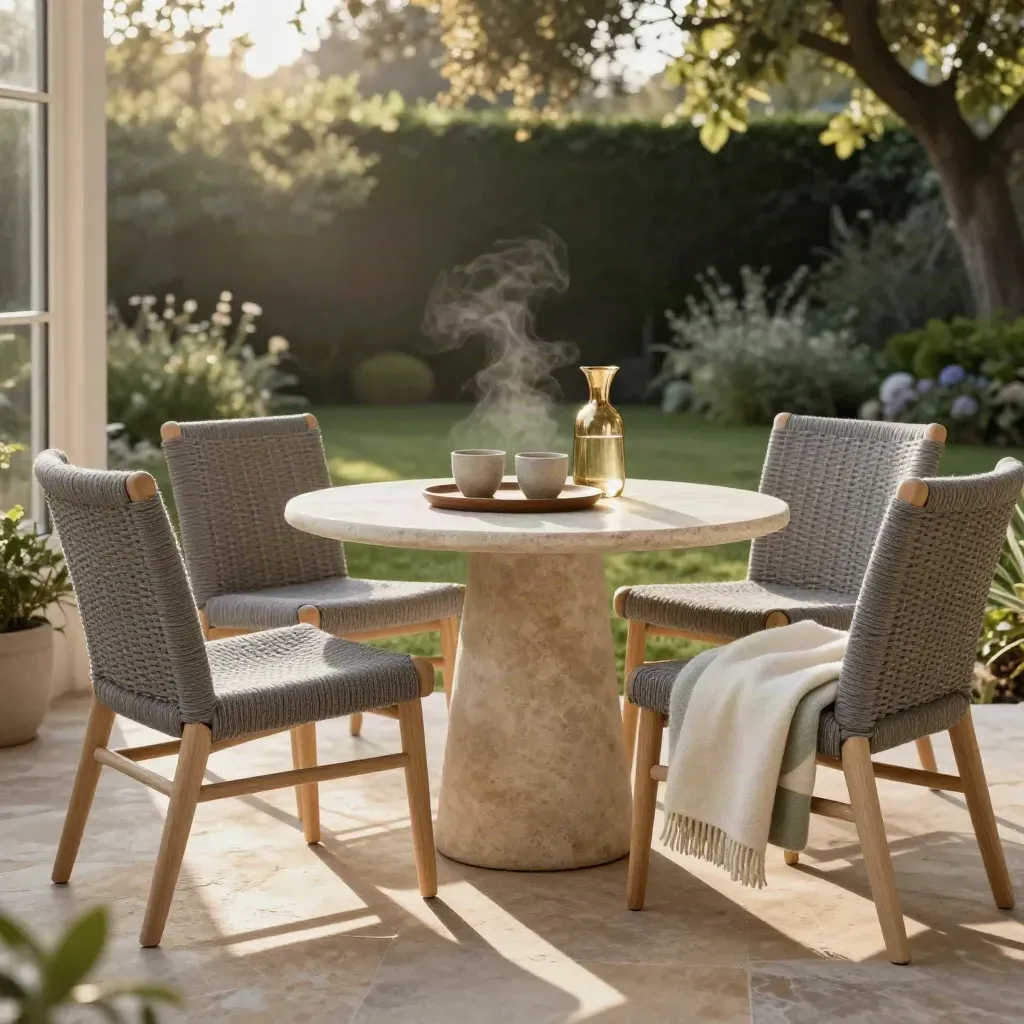 Frühstücksecke mit zwei Stühlen, Rundtisch, Decke und sanftem Gartenlicht in der Villa.