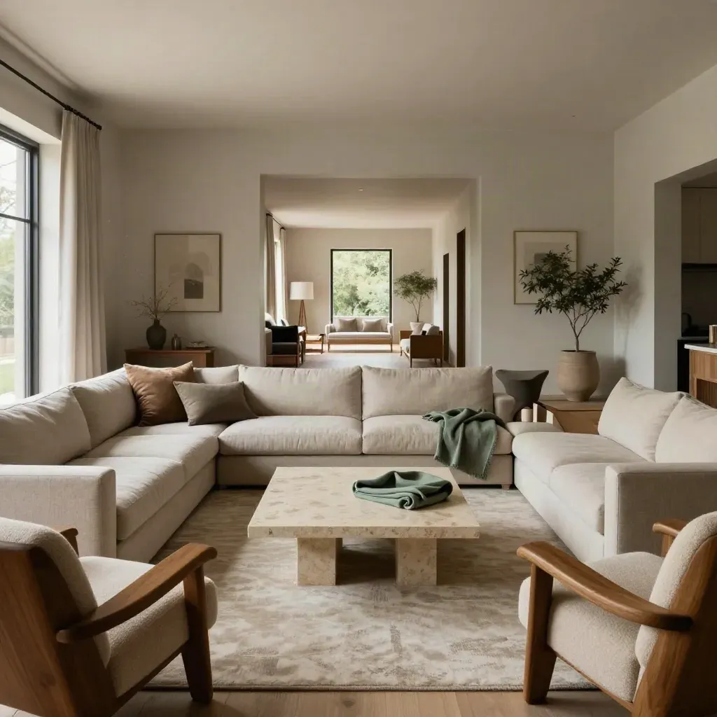 Großes Villa-Wohnzimmer mit Sofa-Block, Sesseln und offenem Gang zu den Schlafräumen