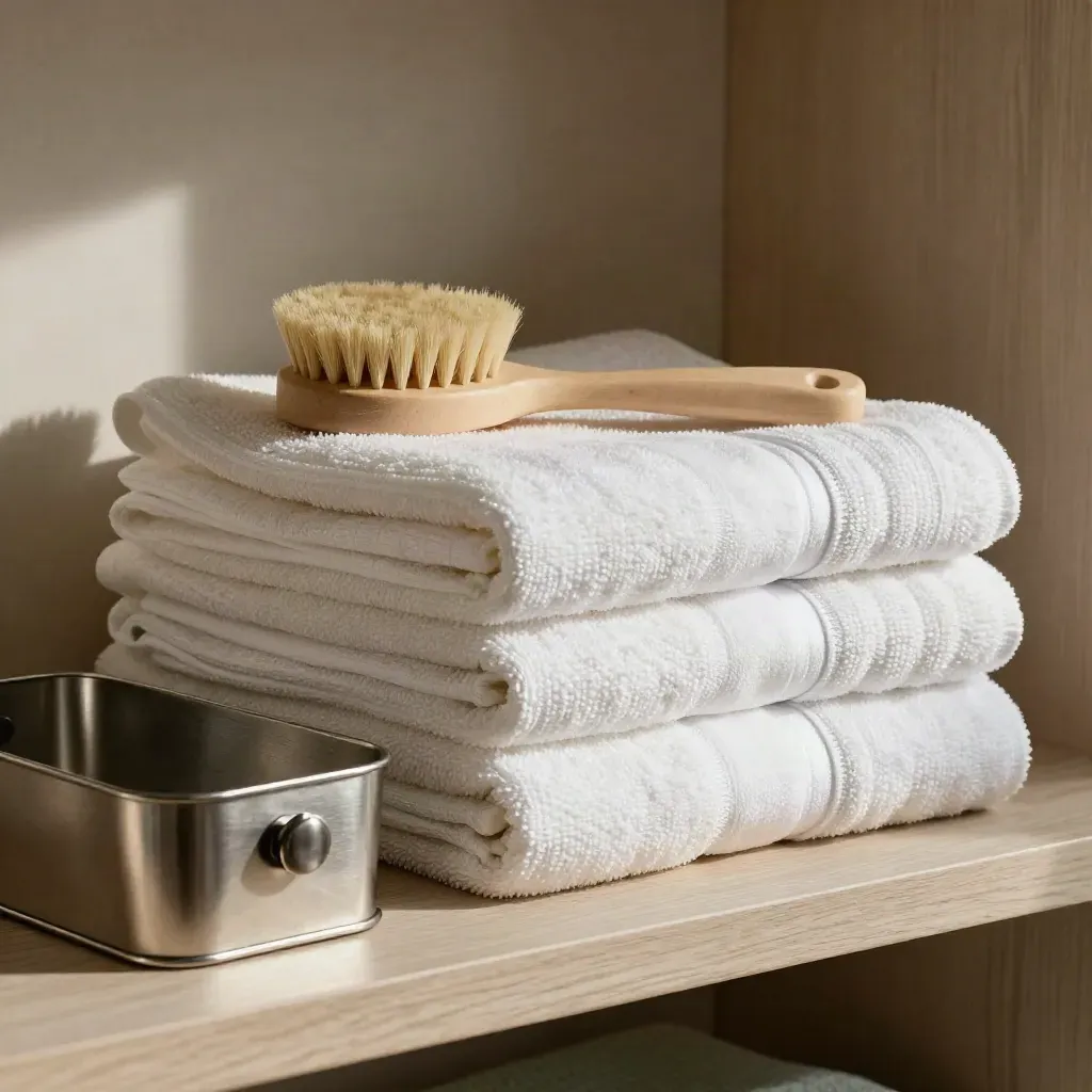 Weiße Handtücher, Naturhaarbürste und Metallcaddy auf einem Leinenregal im Housekeeping.