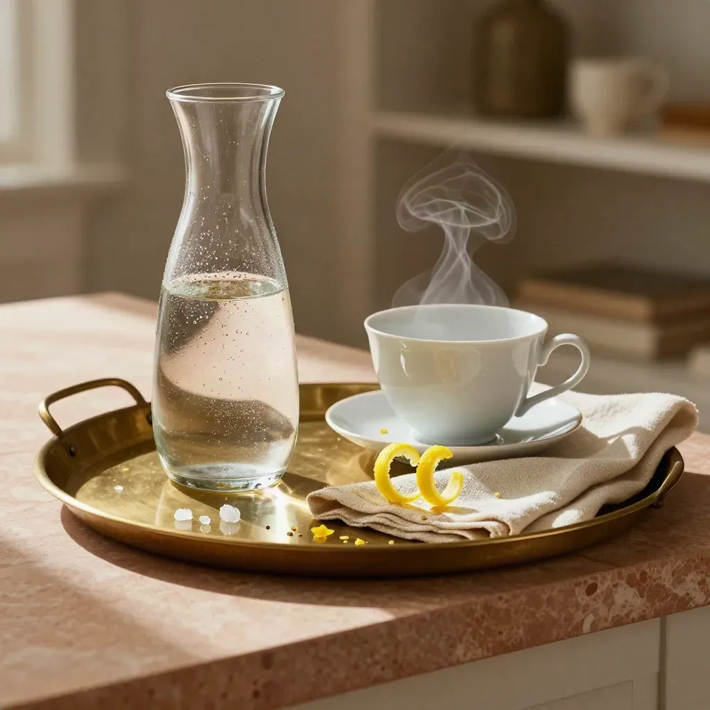 Gäste-Tablett mit Glaskaraffe, Zitronenzeste, Tasse und Leinenserviette