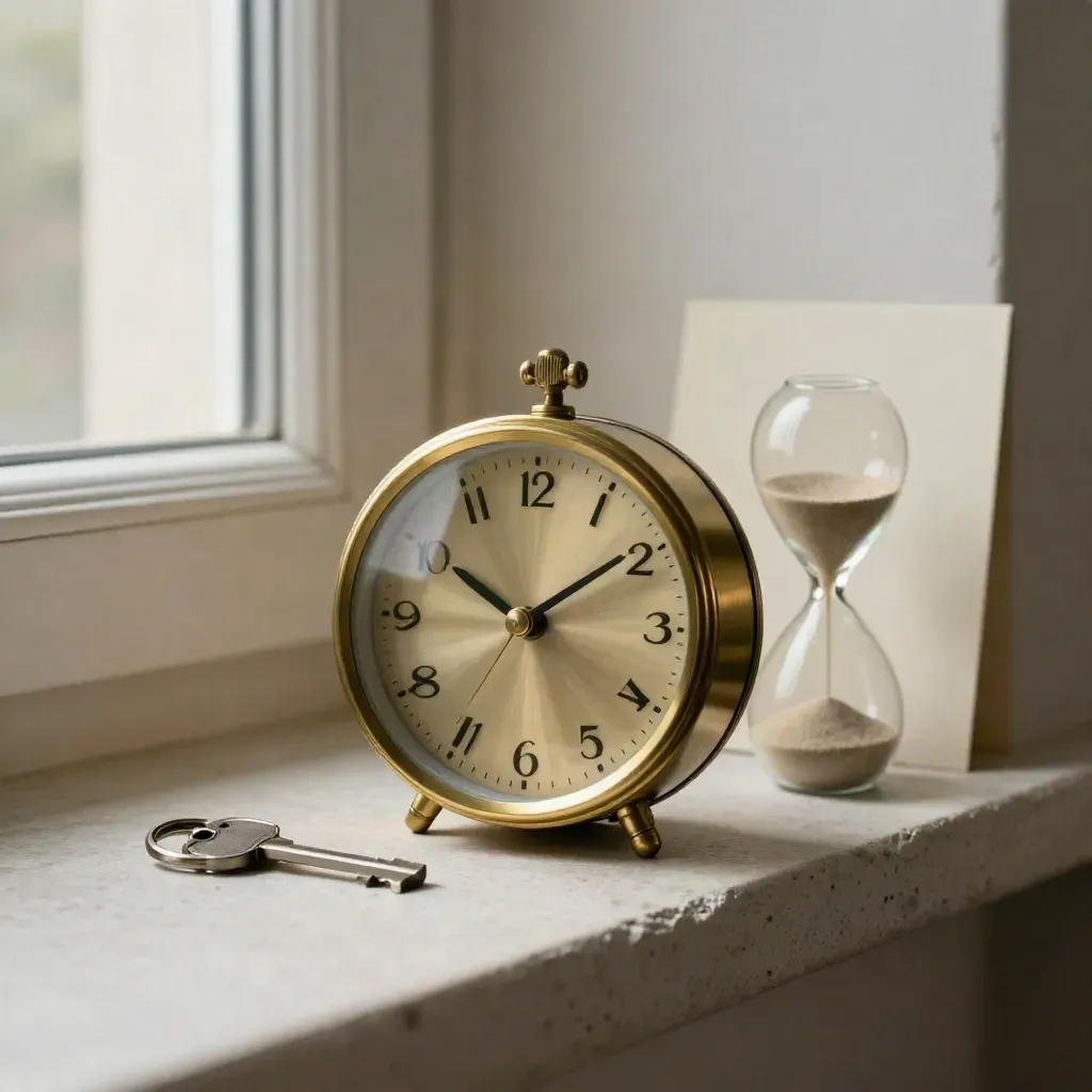 Messinguhr, Zimmerschlüssel und Sanduhr auf einer steinernen Fensterbank.
